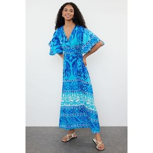 Trendyol Blue Ethnic Belted Patterned A-Line Double Breasted Collar Woven Dress obraz
