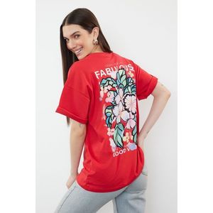 Trendyol Red 100% Cotton Back and Front Printed Oversize/Wide Cut Knitted T-Shirt obraz