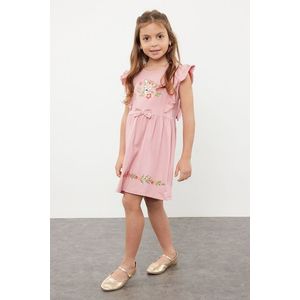 Trendyol Pink Girl's Floral Embroidered Ruffle Short Sleeve Knitted Dress obraz