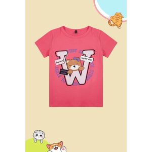 Trendyol Fuchsia Girl's Slogan Teddy Bear Patterned Short Sleeve Knitted T-Shirt obraz