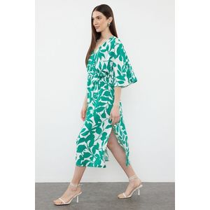 Trendyol Green Belted Floral Patterned A-Line Double Breasted Collar Midi Woven Dress obraz