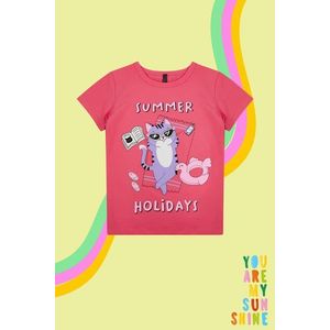 Trendyol Fuchsia Girl's Cat Patterned Short Sleeve Knitted T-Shirt obraz