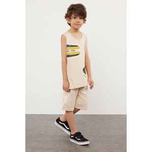 Trendyol Beige Boy's Patterned Sleeveless T-shirt Shorts Set Knitted Top-Bottom Set obraz