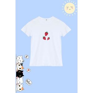 Trendyol Girl's White Strawberry Patterned Knitted T-Shirt obraz