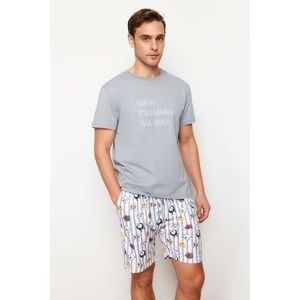Trendyol Gray Regular Fit Printed Knitted Shorts Pajamas Set obraz