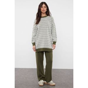 Trendyol Khaki Geometric Patterned Sweater-Pants Knitwear Set obraz