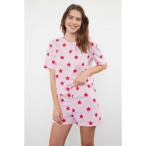 Trendyol Pink-Multicolored 100% Cotton Star Patterned T-shirt-Shorts Knitted Pajama Set obraz
