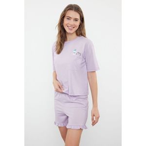 Trendyol Lilac Cotton Printed T-shirt-Shorts Knitted Pajama Set obraz