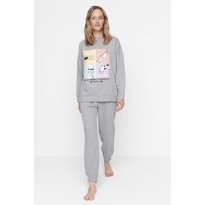 Trendyol Gray Cotton Printed Knitted Pajamas Set obraz