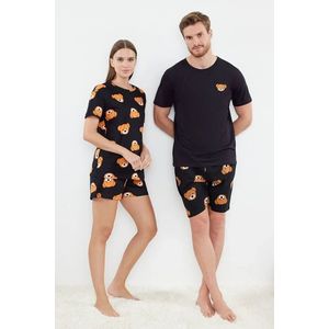 Trendyol Black 100% Cotton Teddy Bear Patterned T-shirt-Shorts Knitted Pajamas Set obraz