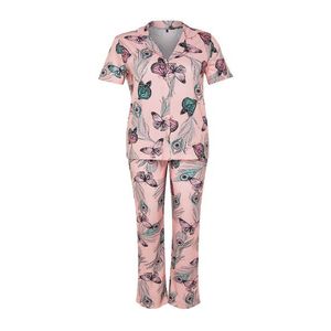 Trendyol Curve Pink Butterfly Patterned Shirt Collar Knitted Pajama Set obraz