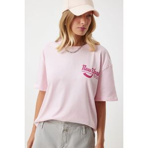 Happiness İstanbul Women's Pink Printed Oversize Knitted T-Shirt obraz