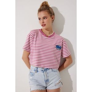 Happiness İstanbul Women's Pink Embroidery Detailed Striped 100% Cotton Crop Knitted T-Shirt obraz