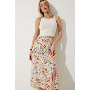 Happiness İstanbul Women's Cream Tile Floral Slit Summer Viscose Skirt obraz