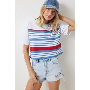 Happiness İstanbul Women's White Blue Crew Neck Striped Knitted T-Shirt obraz