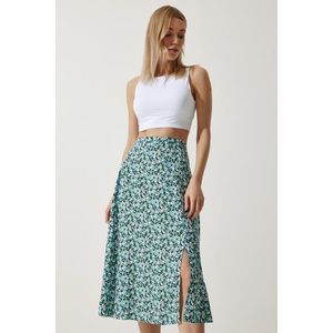 Happiness İstanbul Women's Water Green White Floral Slit Summer Viscose Skirt obraz