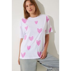 Happiness İstanbul Women's White Pink Heart Printed Oversize Cotton T-Shirt obraz