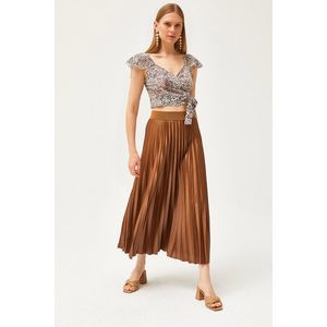 Olalook Milk Brown Leather Look A-Line Pleat Skirt obraz