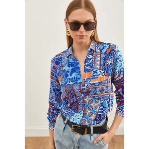 Olalook Women's Patch Saks Blue Patterned Woven Viscose Shirt obraz