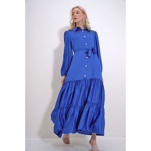 Trend Alaçatı Stili Women's Saks Shirt Collar Stone Button Detailed Skirt Frilly Woven Viscose Dress obraz