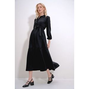 Trend Alaçatı Stili Women's Black Buttoned Front Skirt Flounced Flamed Linen Maxiboy Dress obraz