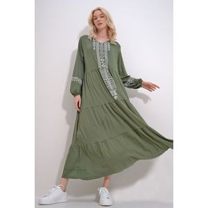 Trend Alaçatı Stili Women's Khaki V-Neck Ethnic Patterned Skirt Flounced Viscose Dress obraz