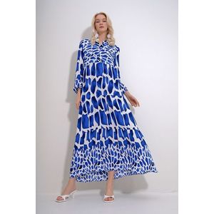 Trend Alaçatı Stili Women's Blue Robe Buttoned Patterned Tiered Flounce Woven Viscose Dress obraz