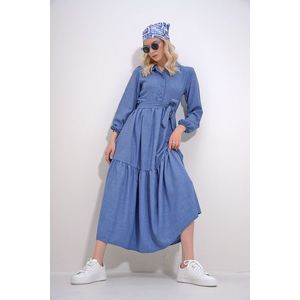 Trend Alaçatı Stili Women's Aviator Blue Buttoned Front Skirt Flounced Flamed Linen Maxiboy Dress obraz