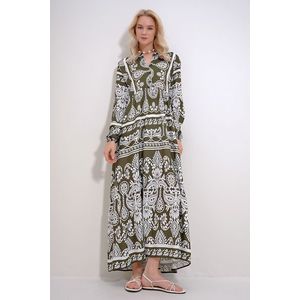 Trend Alaçatı Stili Women's Khaki Robe Button Detailed Flounce Patterned Woven Viscose Dress obraz