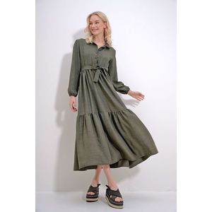Trend Alaçatı Stili Women's Khaki Buttoned Front Skirt Flounced Flamed Linen Maxiboy Dress obraz
