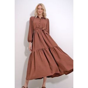 Trend Alaçatı Stili Women's Brown Buttoned Front Skirt Flounced Flamed Linen Maxiboy Dress obraz