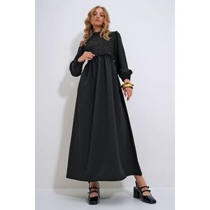 Trend Alaçatı Stili Women's Black Stand Collar Crochet Braided Back Zipper Woven Dress obraz