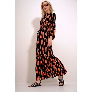 Trend Alaçatı Stili Women's Black-Orange Crew Neck Patterned Skirt Flounce Belted Waist Maxiboy Dress obraz