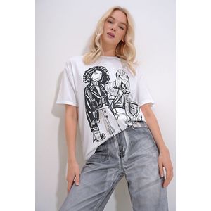 Trend Alaçatı Stili Women's White Crew Neck Foil Printed T-Shirt obraz