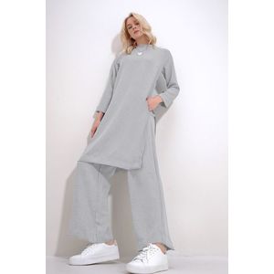 Trend Alaçatı Stili Women's Gray Crew Neck Side Slits and Cuffs Tunic and Palazzo Trousers Double Set obraz