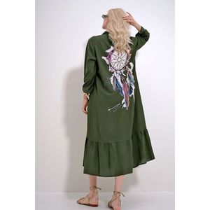 Trend Alaçatı Stili Women's Khaki Single Pocket Skirt Flounced Back Printed Woven Viscose Shirt Dress obraz
