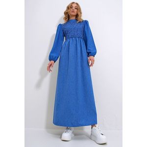 Trend Alaçatı Stili Women's Blue Stand Collar Crochet Braided Back Zipper Woven Dress obraz