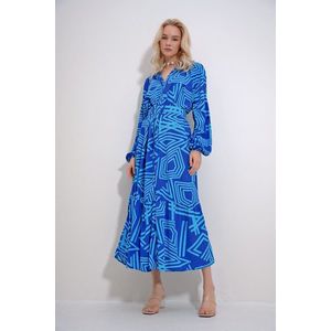 Trend Alaçatı Stili Women's Blue Magnifying Collar Buttoned Front Waist Belt Patterned Woven Viscose Dress obraz