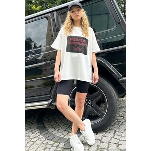 Trend Alaçatı Stili Woman's Black Crew Neck Printed Oversize T-Shirt obraz
