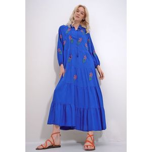 Trend Alaçatı Stili Women's Maxi Collar Embroidered Layered Flounce Woven Dress obraz