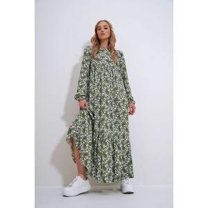 Trend Alaçatı Stili Women's Green Crew Neck Patterned Skirt Flounced Woven Viscose Dress obraz