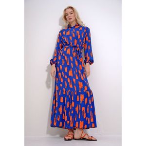 Trend Alaçatı Stili Women's Blue-Orange Crew Neck Patterned Skirt Flounce Belted Waist Maxiboy Dress obraz