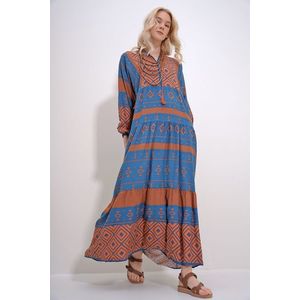 Trend Alaçatı Stili Women's Brown-Blue Collar Tassel Detailed Layered Flounced Ethnic Patterned Woven Viscose Dress obraz