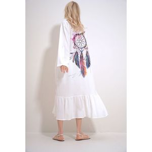 Trend Alaçatı Stili Women's White Single Pocket Skirt Flounced Back Printed Woven Viscose Shirt Dress obraz