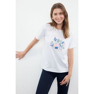 Trendyol White Printed and Stone Embroidered Regular/Normal Pattern Knitted T-Shirt obraz
