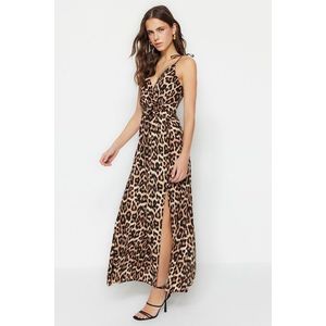 Trendyol Camel Leopard Patterned Double Breasted Slit Detailed Maxi Woven Dress obraz