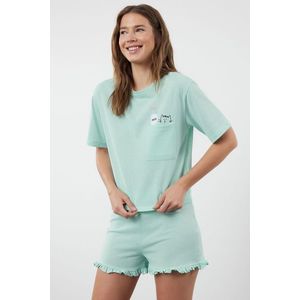 Trendyol Mint Cotton Printed T-shirt-Shorts Knitted Pajama Set obraz
