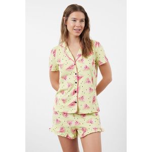 Trendyol Green 100% Cotton Watermelon Patterned Ruffle Shirt-Shorts Knitted Pajama Set obraz