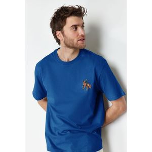 Trendyol Indigo Relaxed/Relaxed Cut Horse/Animal Embroidered Short Sleeve 100% Cotton T-Shirt obraz