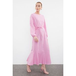 Trendyol Pink Knitted Belted Woven Cotton Dress obraz